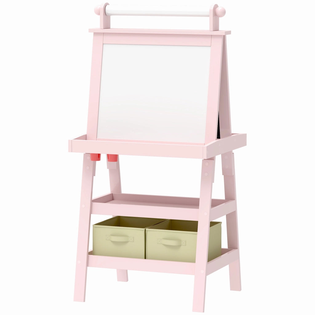 Lavagna per Bambini con Cavalletto 3 in 1 in Legno Rosa con Rotolo Carta e 2 Contenitori Multiuso 59x48x118 cm