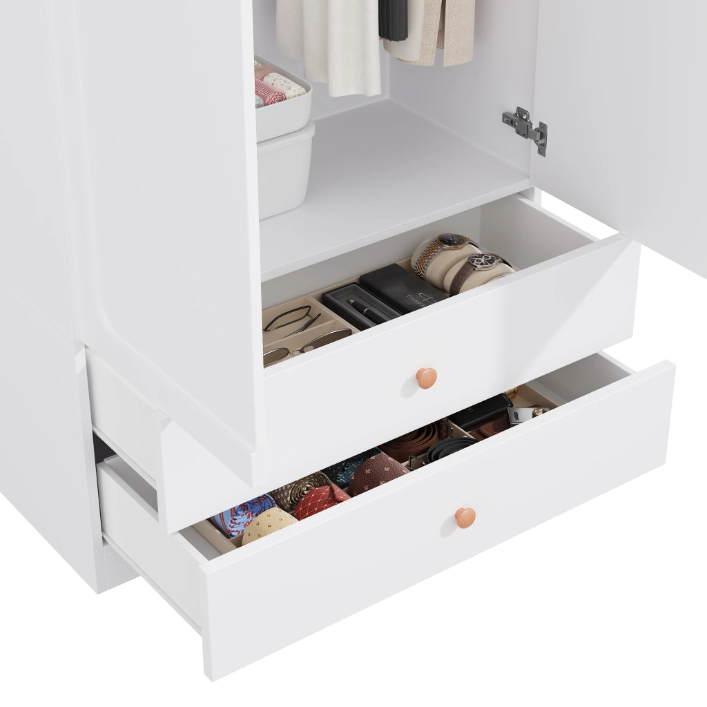 Armadio a 2 ante con 2 cassetti e appendiabiti in MDF legno e acciaio bianco per camera 90 × 45 × 200 cm