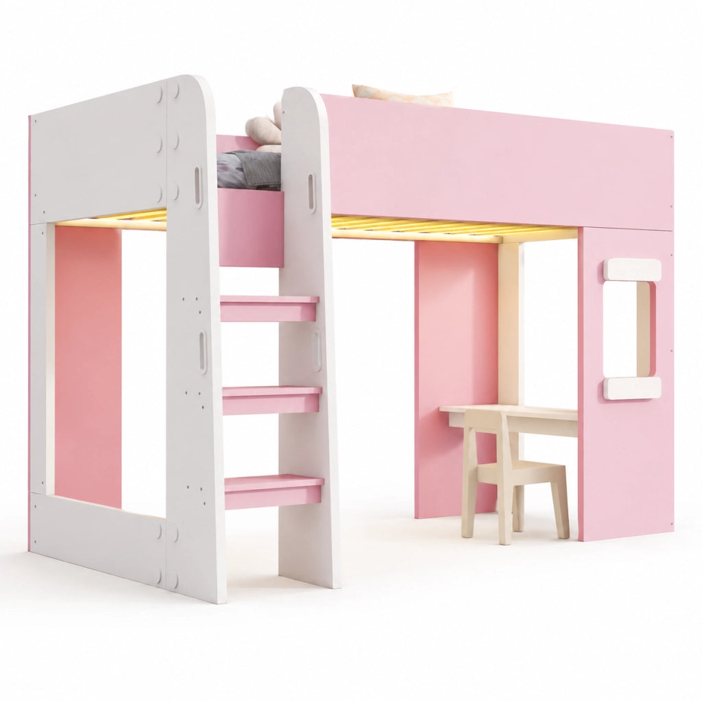Letto a soppalco 90x200 cm con scrivania e LED in MDF e compensato rosa