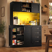 Credenza con illuminazione LED controllabile tramite app; 4 ante e portabevande in MDF nero 120 × 40 × 188 cm