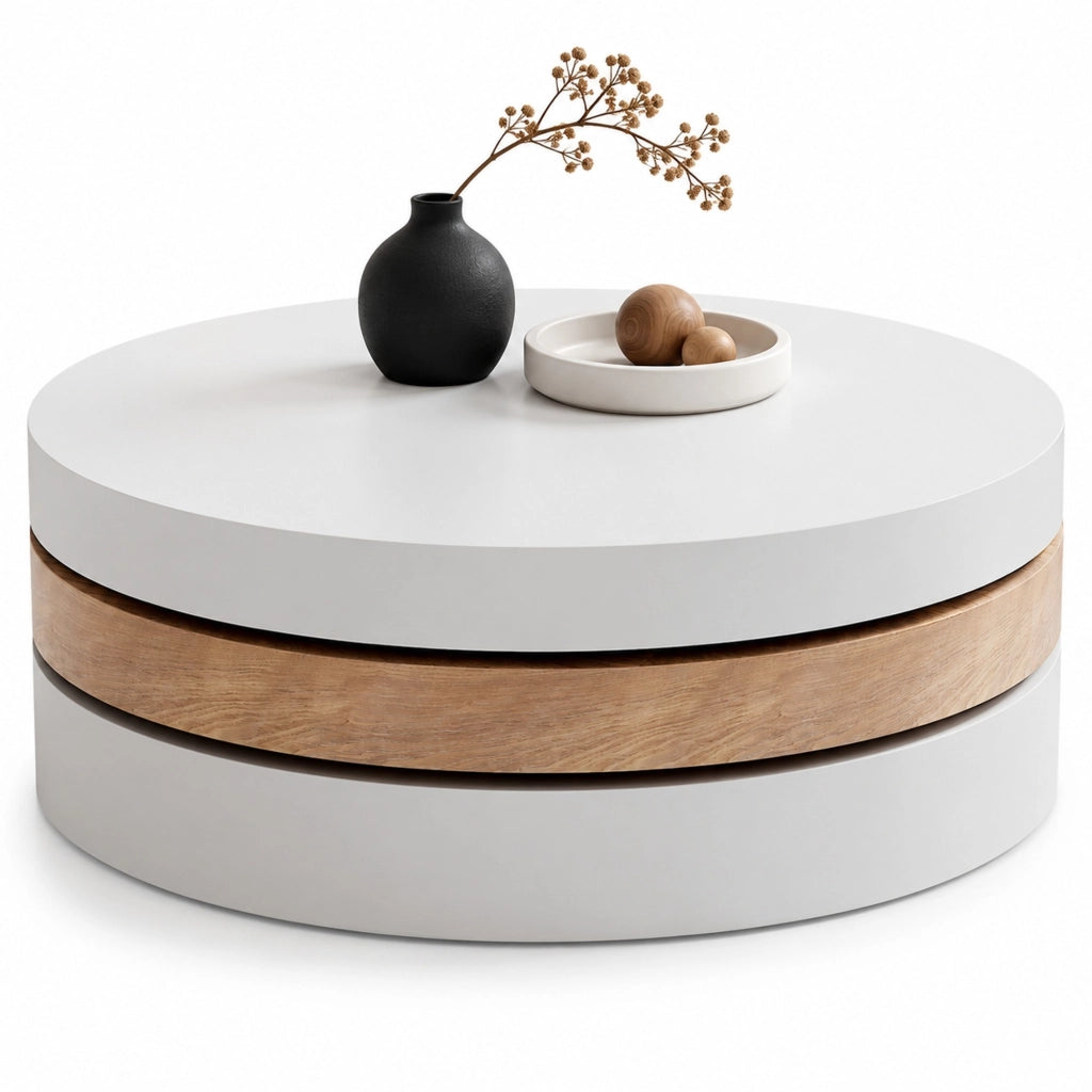 Tavolino da salotto rotondo girevole 360° 60x60 cm con vano contenitore bianco e legno naturale HOMVRA