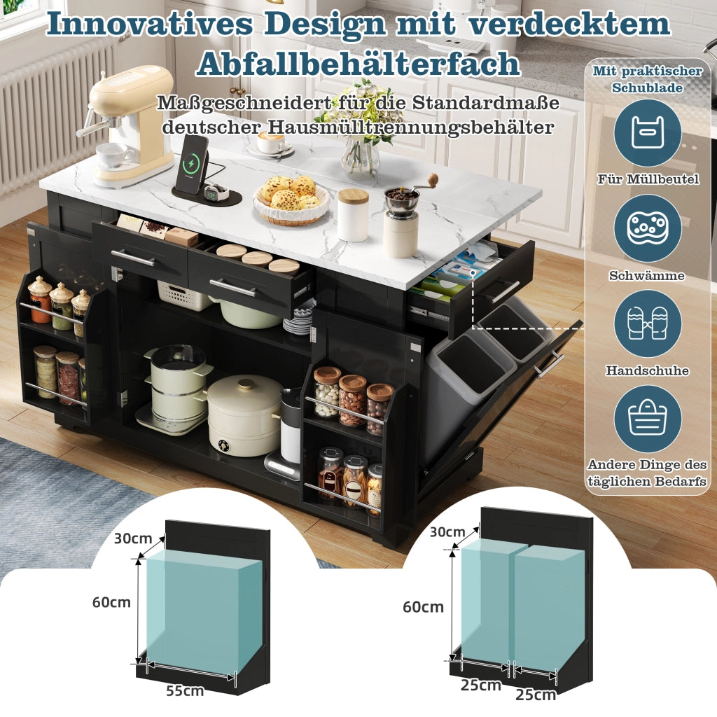 Mobile da cucina con piano ribaltabile; ruote; presa EU e vano rifiuti estraibile nero in MDF 138 × 86 × 92 cm