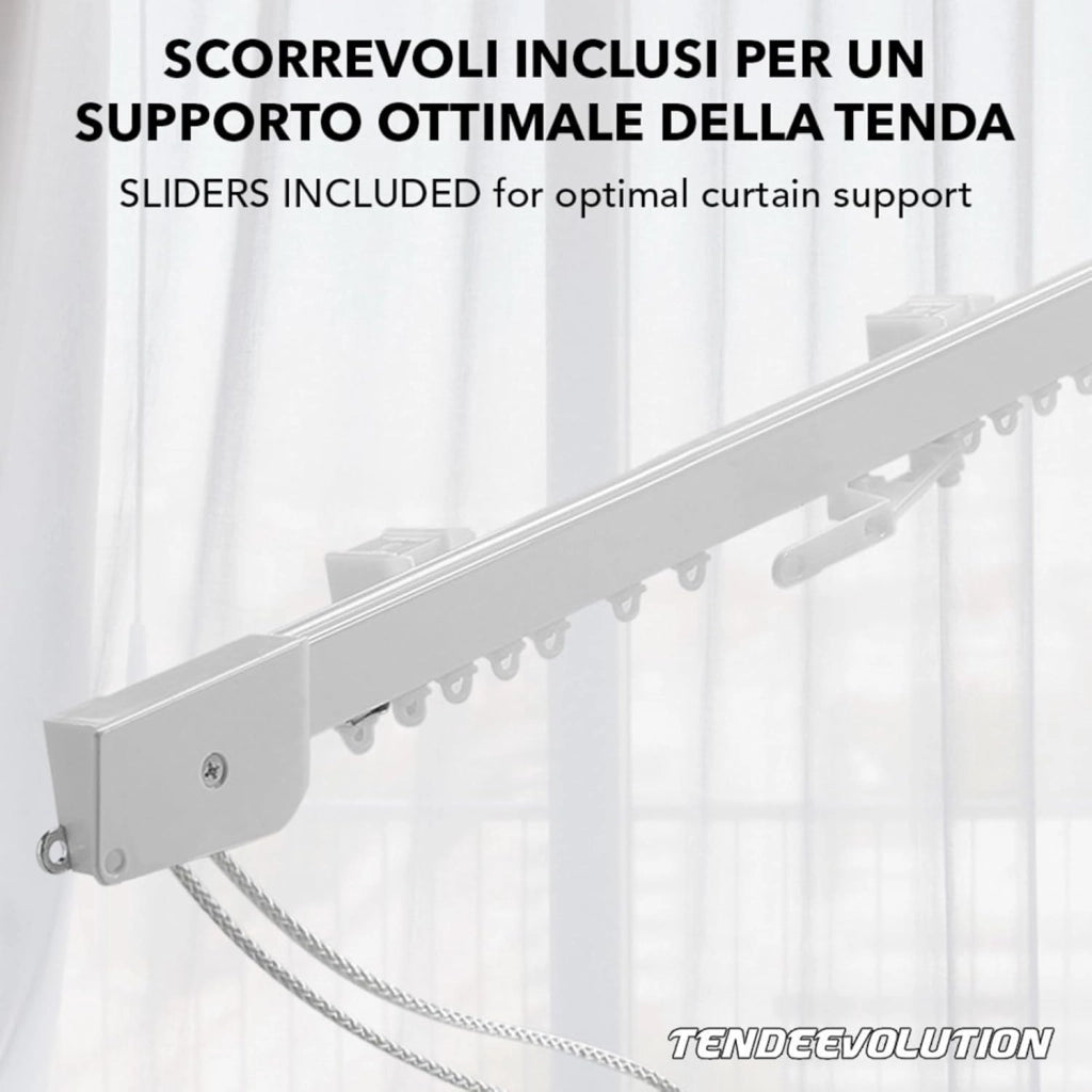 Binario Scorritenda Lineare da Soffitto in Alluminio Bianco con Movimento a Corda Apertura Centrale - Riloga Bastone per Tenda 280cm