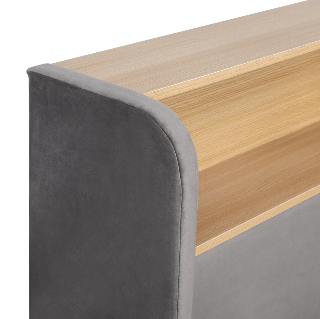 Letto singolo 140x200 cm con contenitore idraulico, rivestimento in velluto grigio, luminosità LED e porte USB