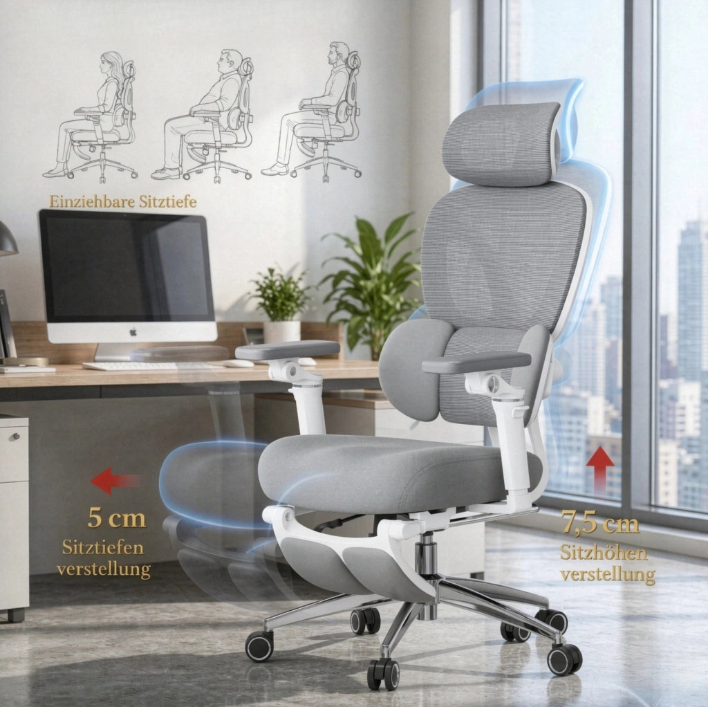 Sedia da ufficio ergonomica ULEVR grigia con poggiatesta 3D, supporto lombare, poggiapiedi e braccioli 6D