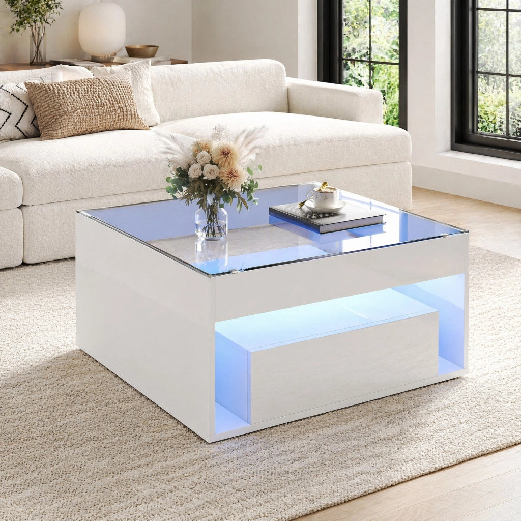 Tavolino da salotto 70x70 cm con 2 cassetti; LED e piano in vetro temperato bianco HOMVRA