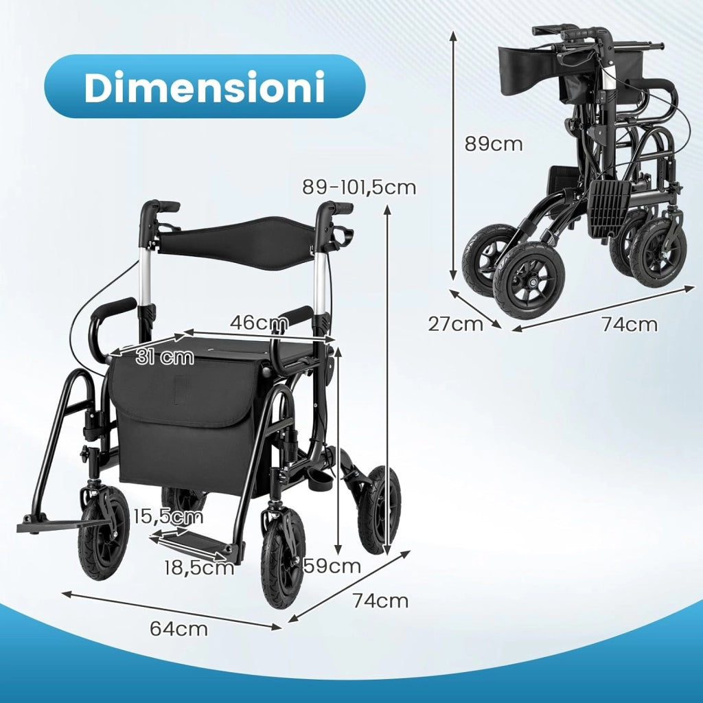 2 in 1 Deambulatore Pieghevole e Sedie a Rotelle per Anziani in Alluminio, Rollator Altezza Regolabile con Seduta e Freni, Girello per Anziani con Ruote Robuste, Carico Massimo 140 kg (Nero)