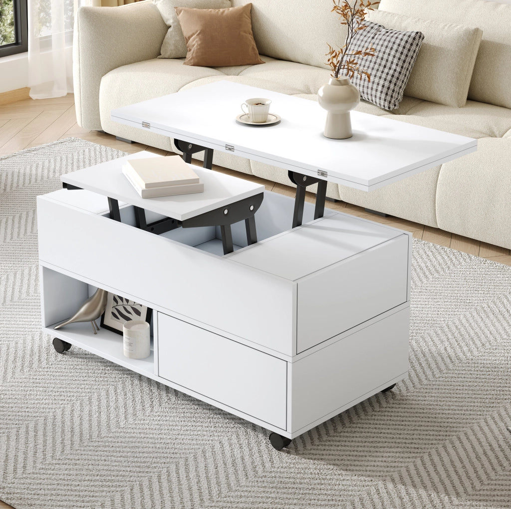 Tavolino da salotto elevabile 100x50 cm con 4 cassetti e ruote bianco HOMVRA