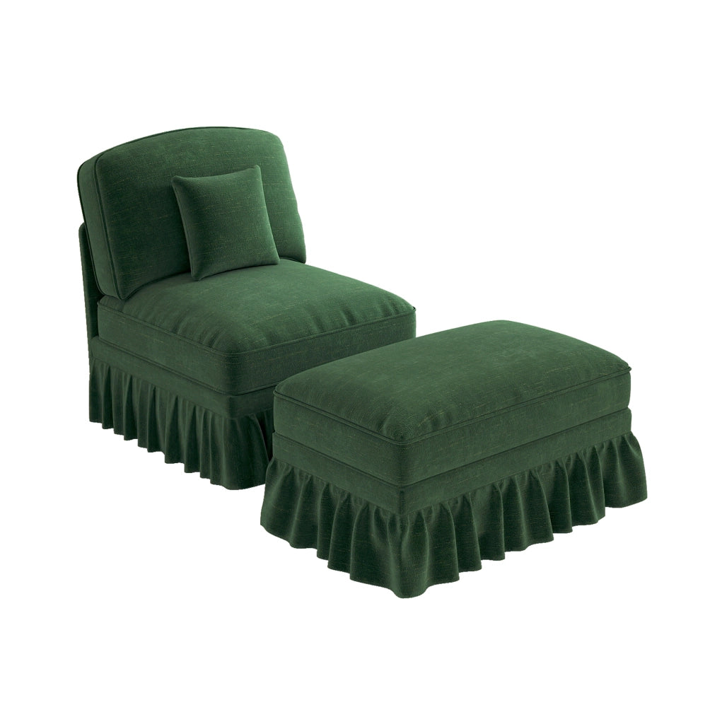 Poltrona Lounge classica in chenille verde con gonna removibile e pouf mobile