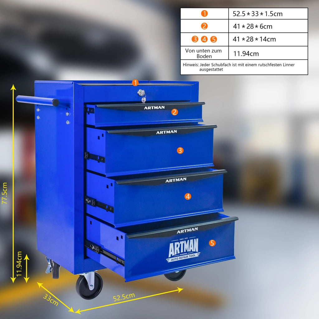 Armadio da officina con 4 cassetti su ruote; guide a sfere; serratura; acciaio verniciato nero e blu