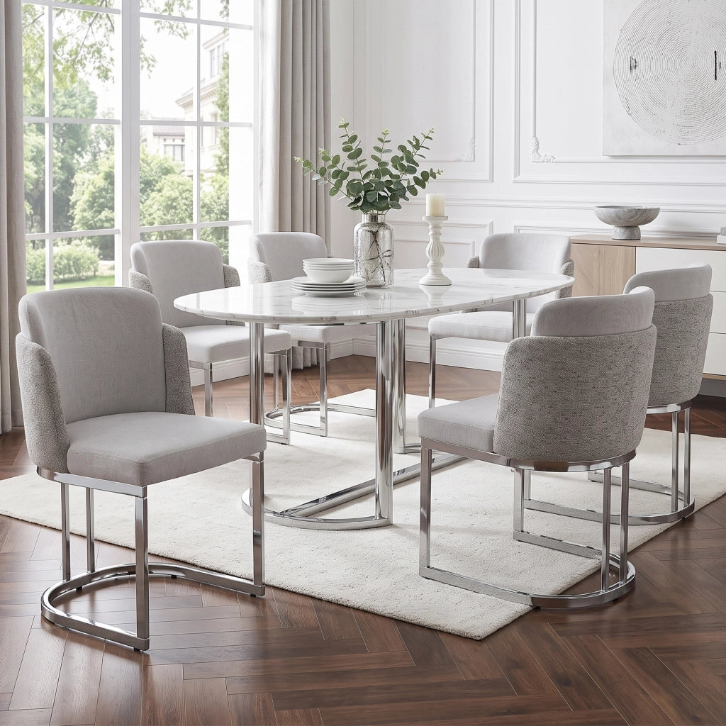 Set di 4 sedie da pranzo in chenille grigio chiaro con gambe in metallo argento