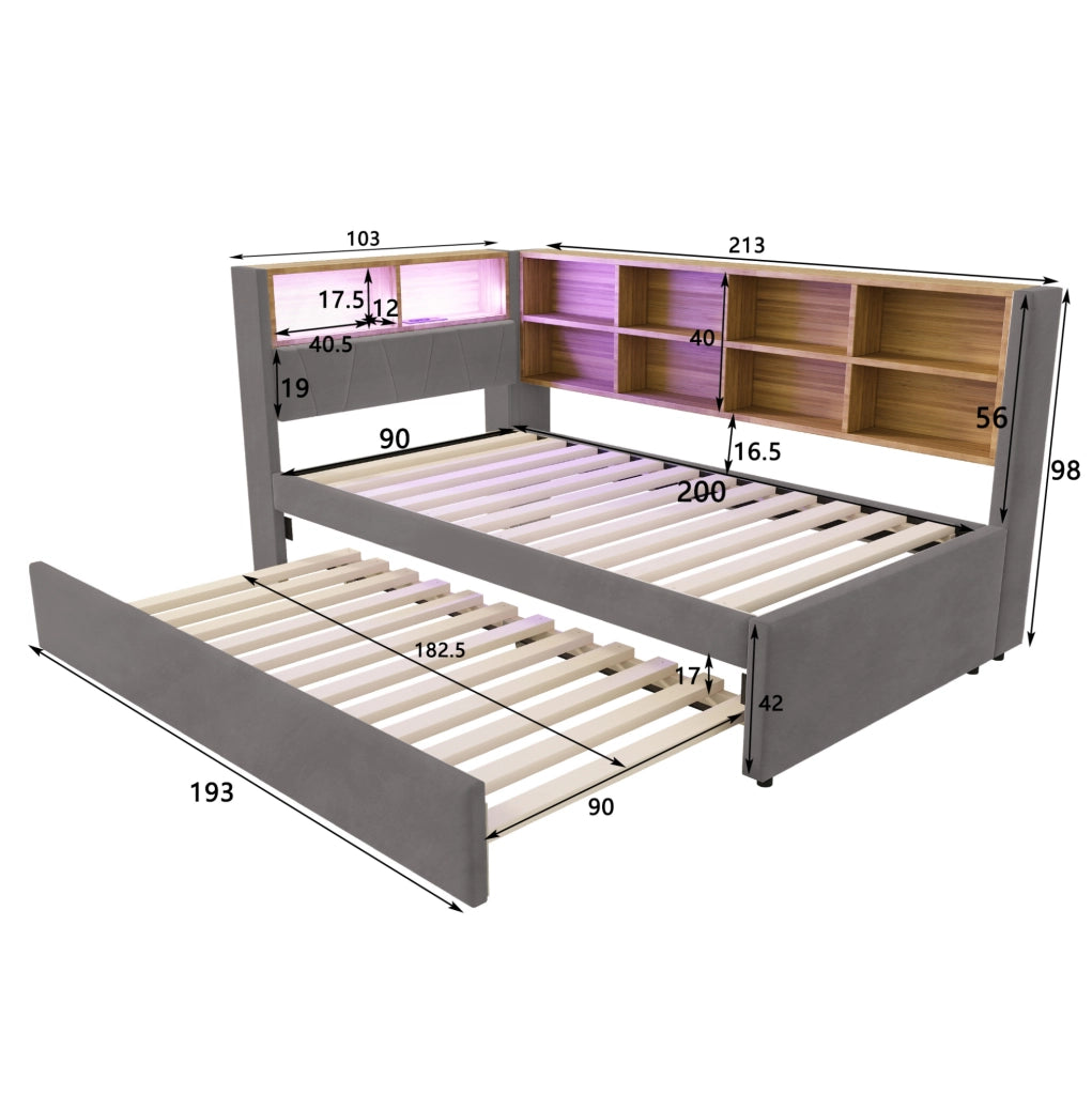Divano letto 90x200 cm con letto estraibile; LED e prese in flanella grigio scuro
