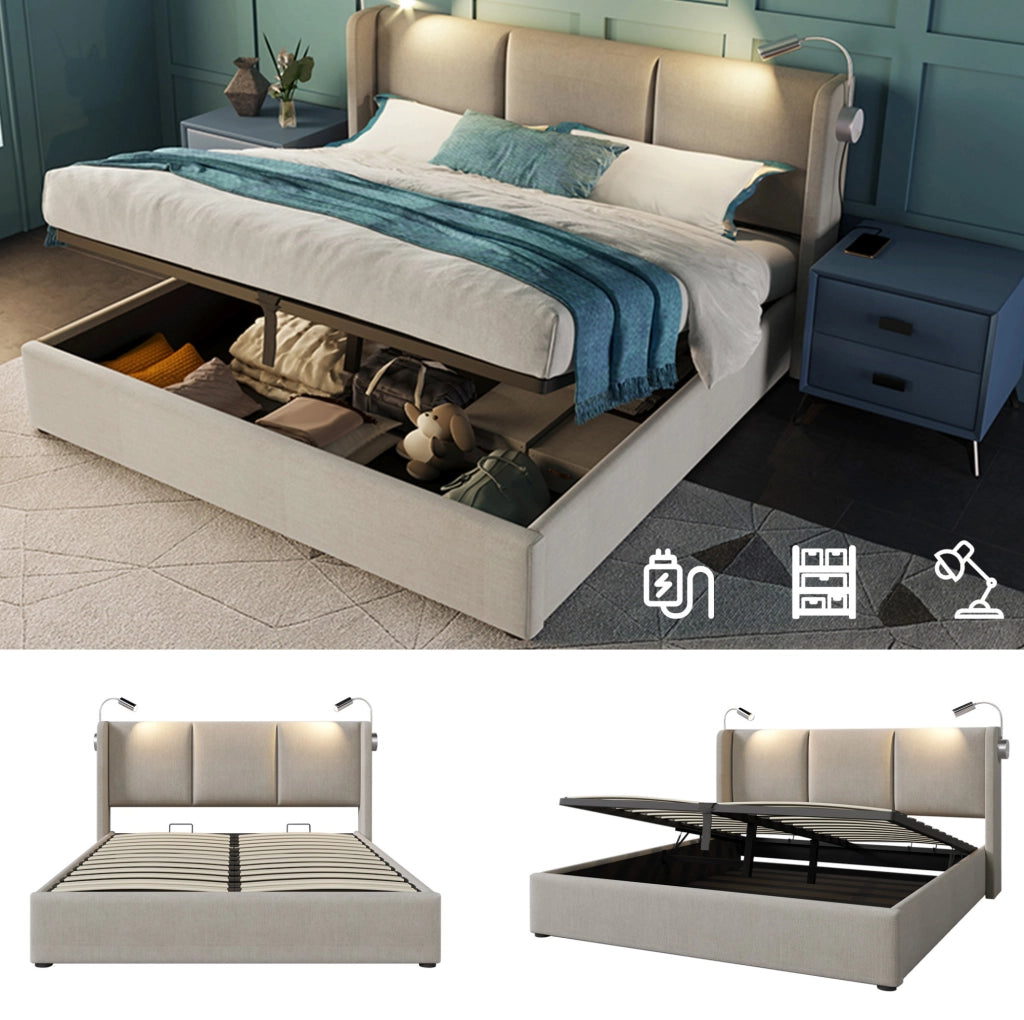 Letto matrimoniale 180x200 cm in lino beige con contenitore idraulico, lampada LED da lettura e ricarica USB