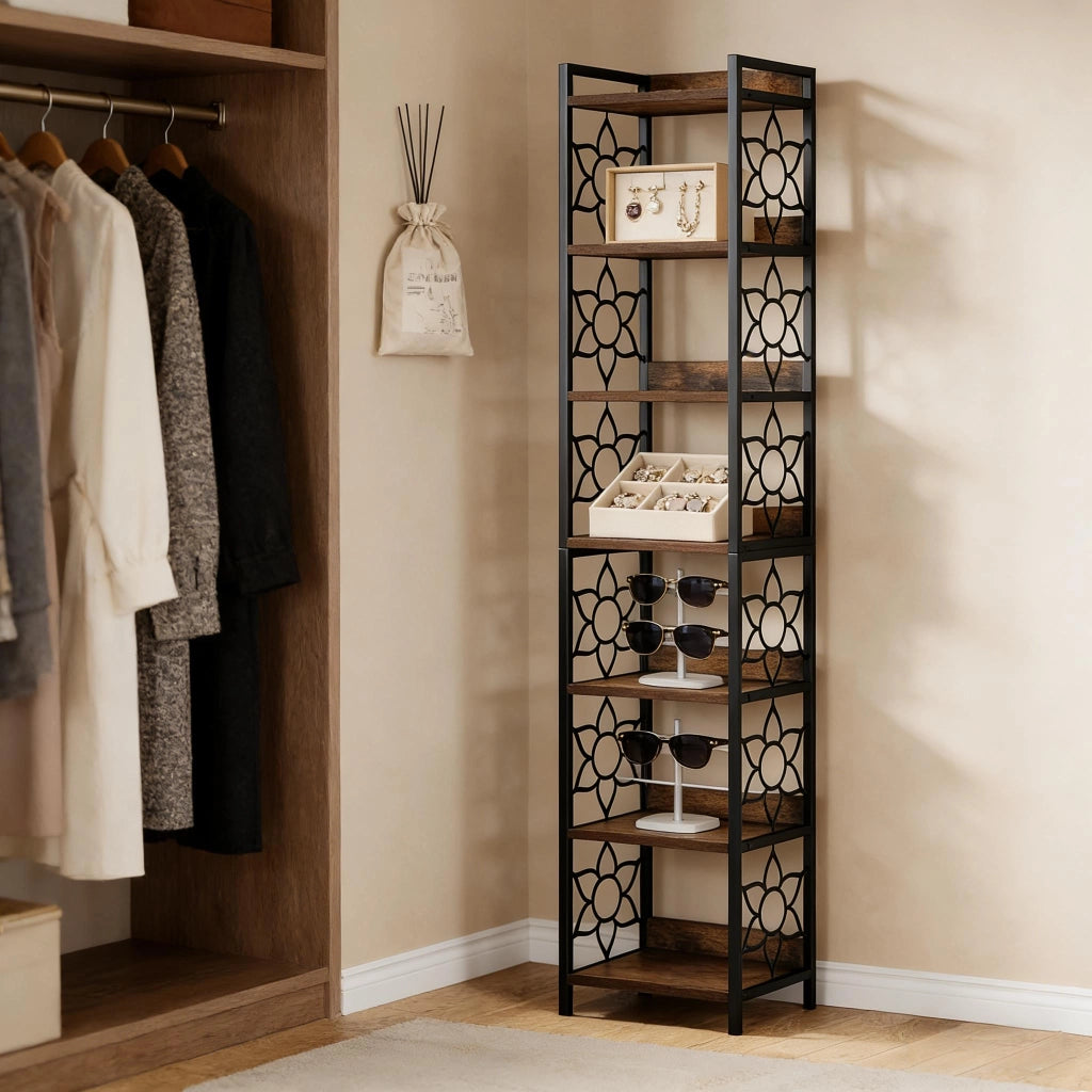 LIBRERIA ANGOLARE A 7 RIPIANI MDF E METALLO NERO/ROVERE RUSTICO