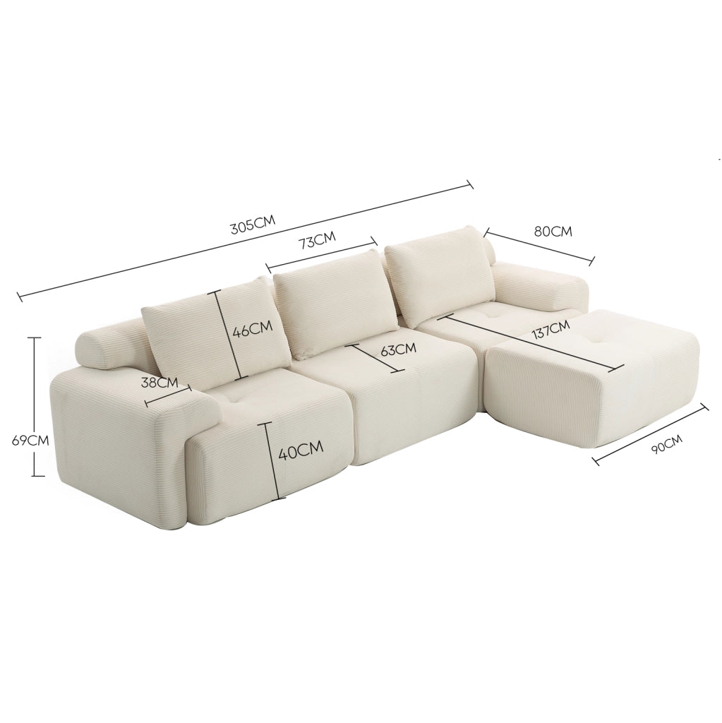 Divano angolare modulare L in tessuto a coste beige con schiuma memory 305 cm