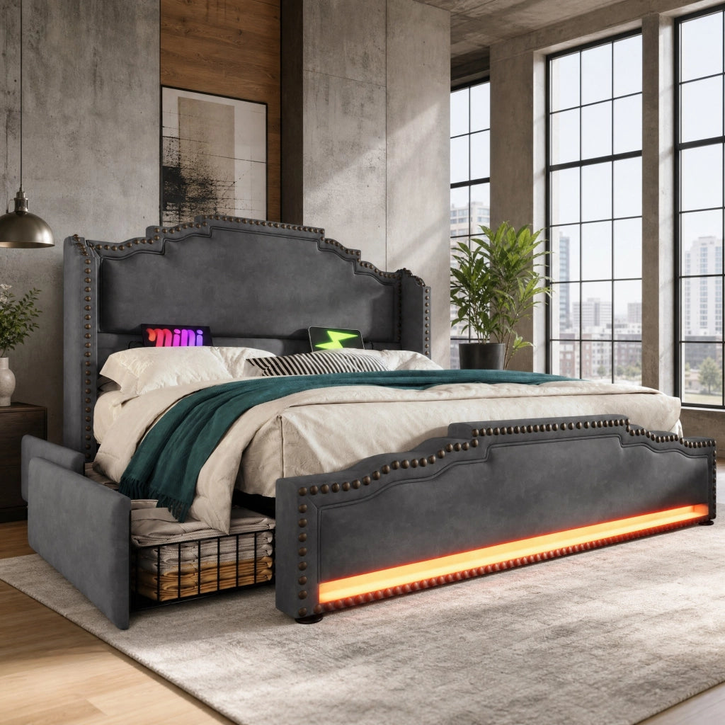 Letto matrimoniale 160 ¡Á 200 cm con 4 cassetti LED porte USB e USB-C in velluto grigio con rete a doghe