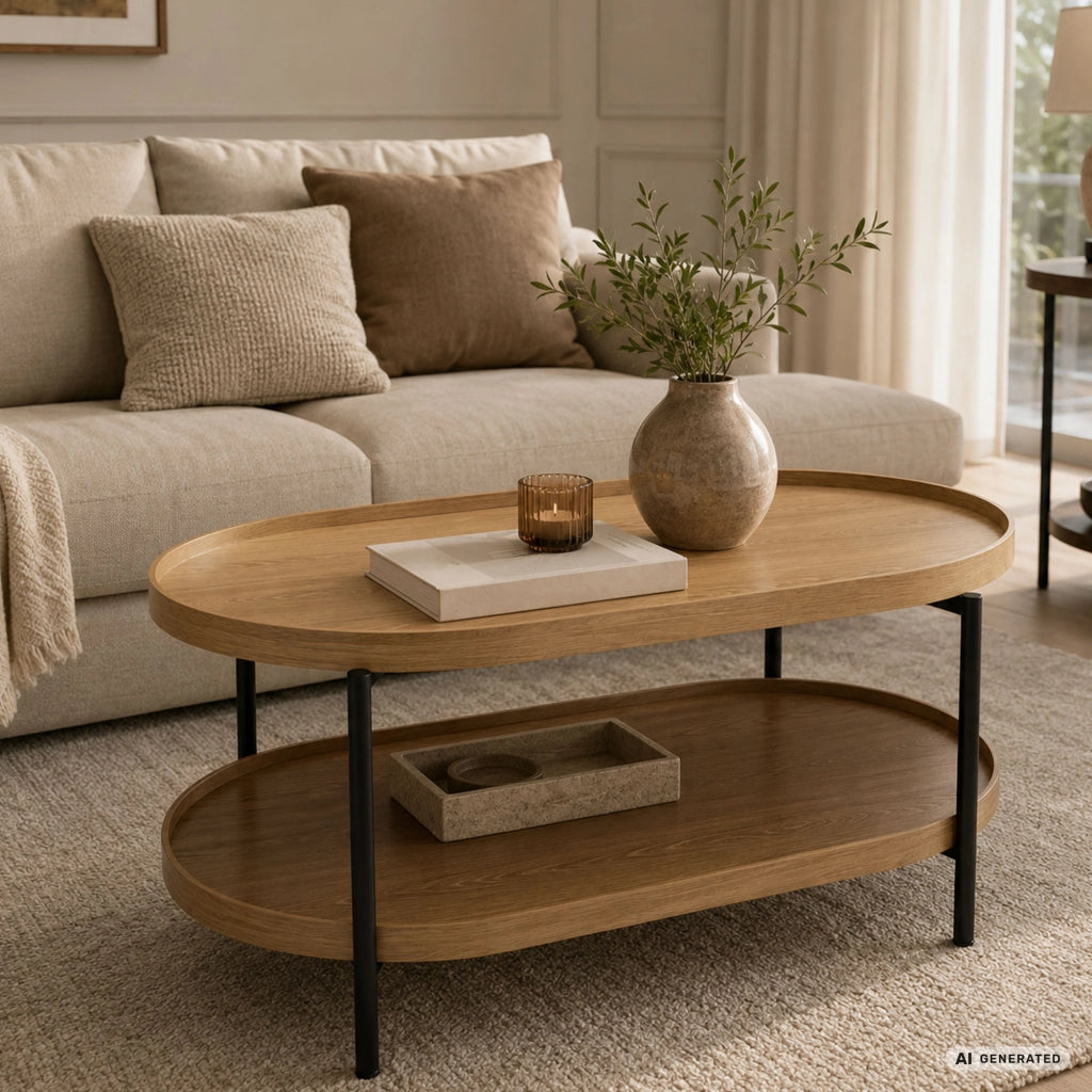 Tavolino da salotto stile loft CORTADO 90 cm ovale con ripiano legno naturale gambe nere