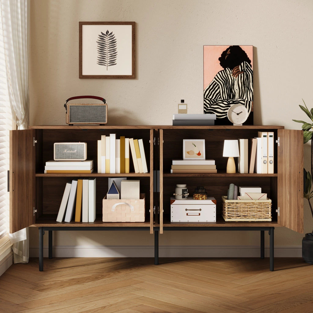 Credenza a 4 ante in MDF con effetto noce e rattan naturale per soggiorno ingresso 140 × 40 × 80 cm