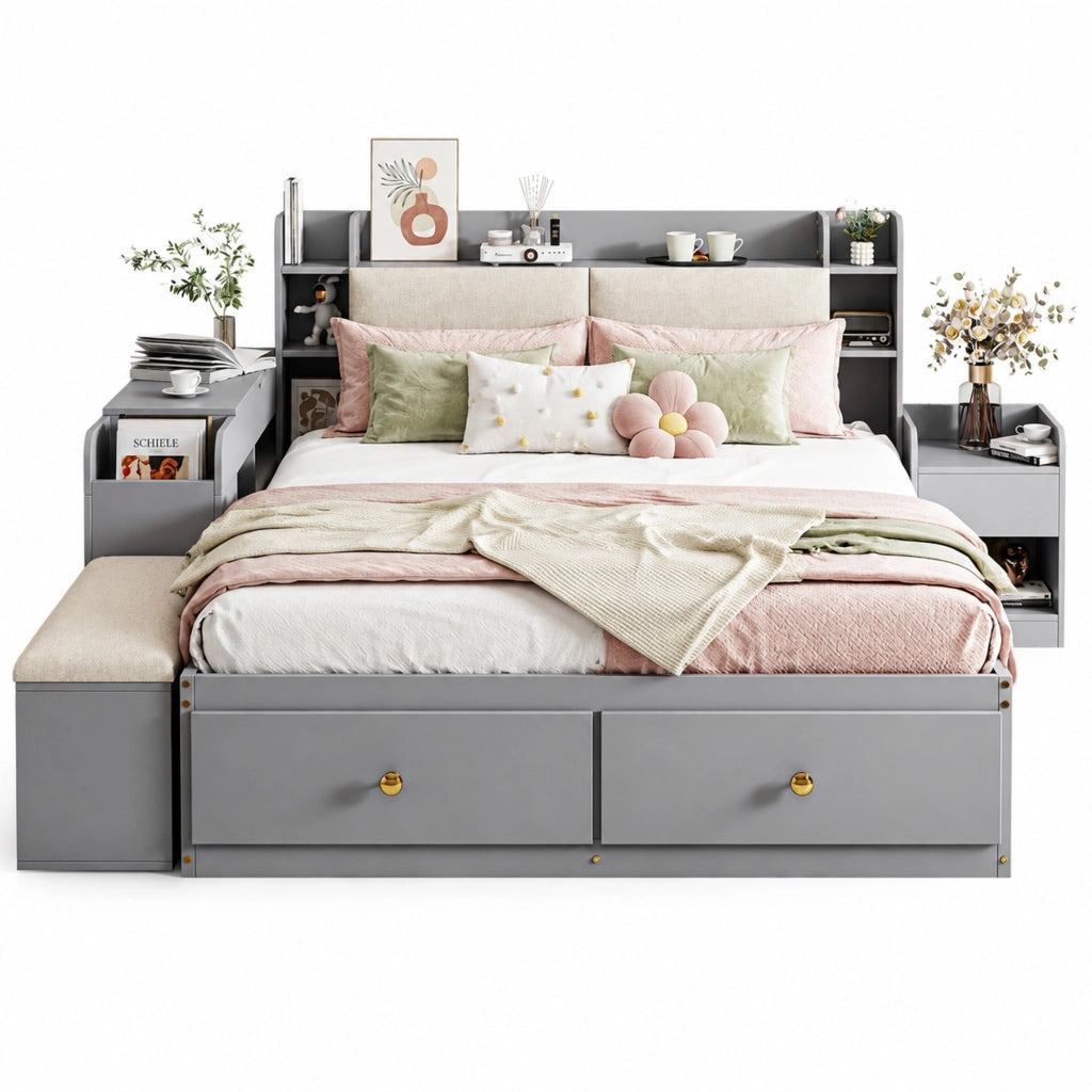 Letto matrimoniale multifunzionale 140x200 cm in legno massiccio grigio