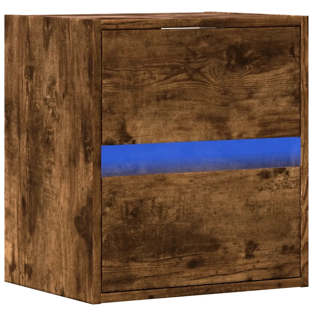 Comodino | Armadio da Notte | Mobiletto da notte a Parete con luci LED Rovere Fumo
