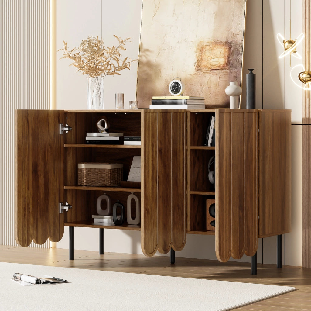Sideboard moderno color noce con ante a onde e ripiani regolabili 120x35x80 cm senza maniglie