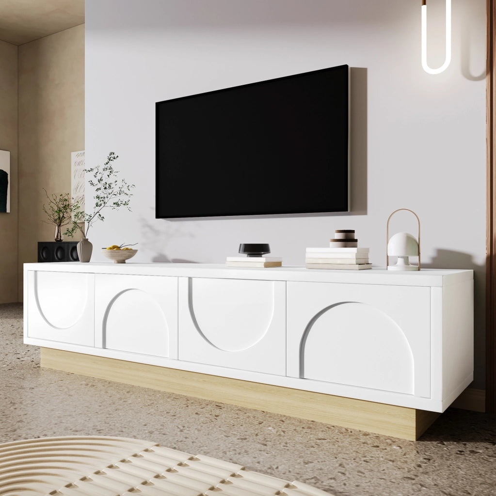 Mobile TV 175 cm con 4 ante push-to-open e base effetto legno bianco HAVRYA