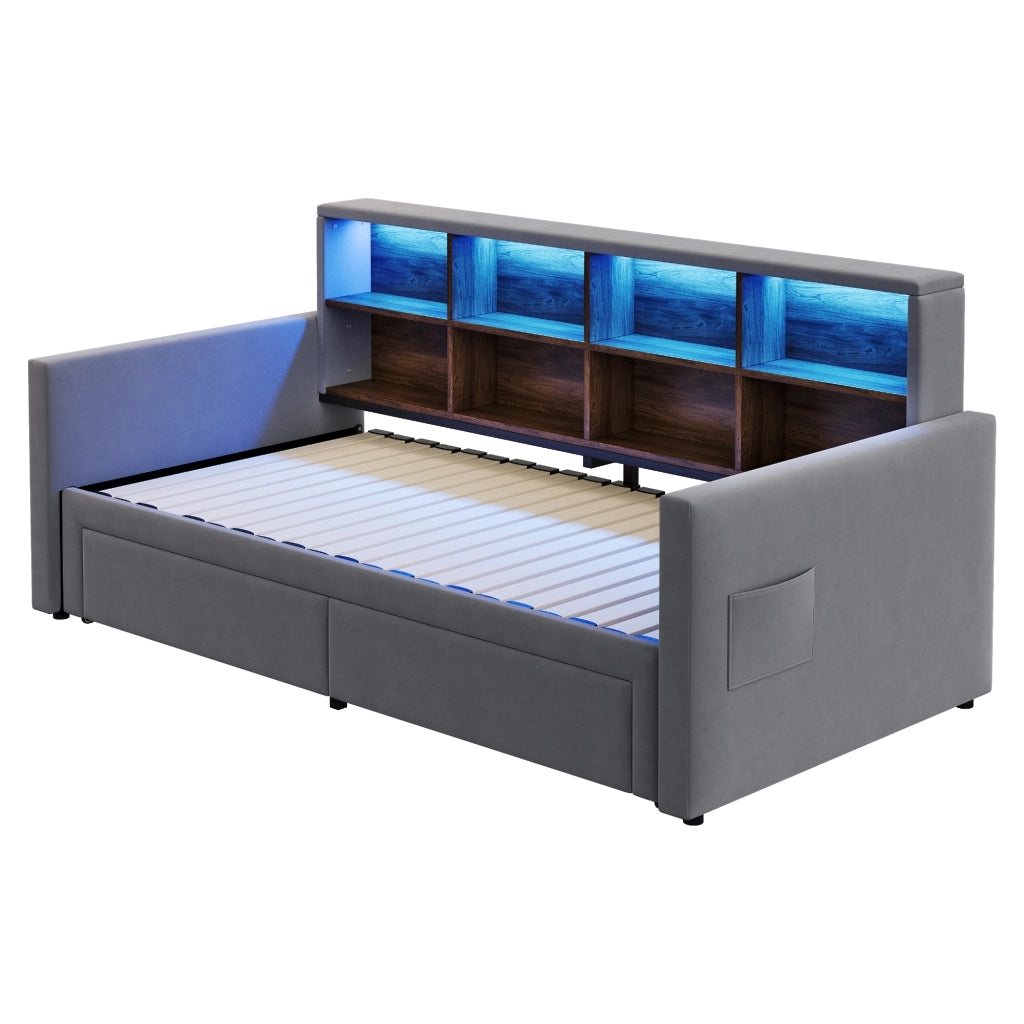 Letto divano 90×190 cm estensibile 180×190 cm con 2 cassetti; LED; USB e presa di tipo C; senza materasso; grigio