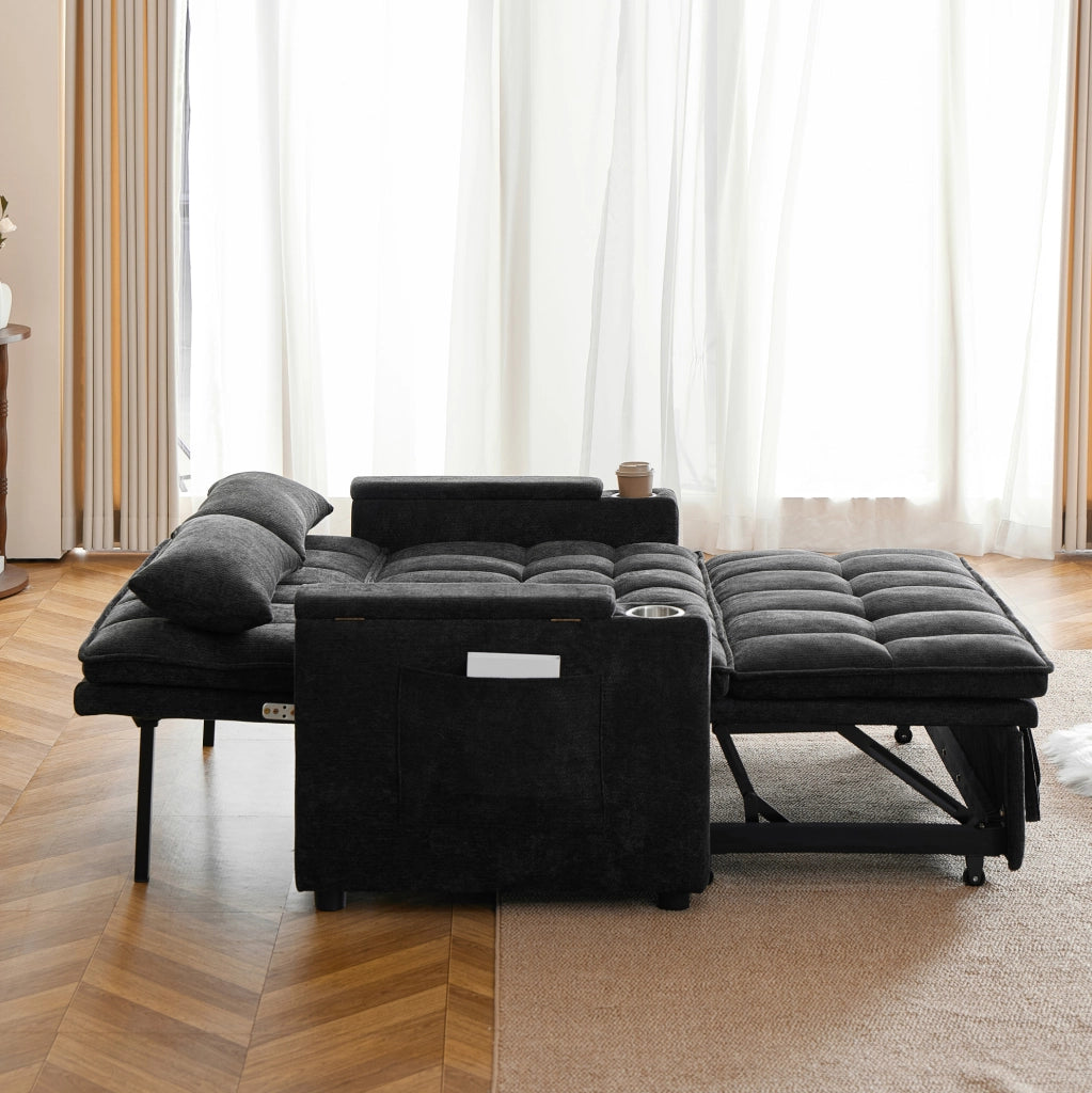 Divano letto 3 in 1 142x89x89 cm in ciniglia nera con contenitore