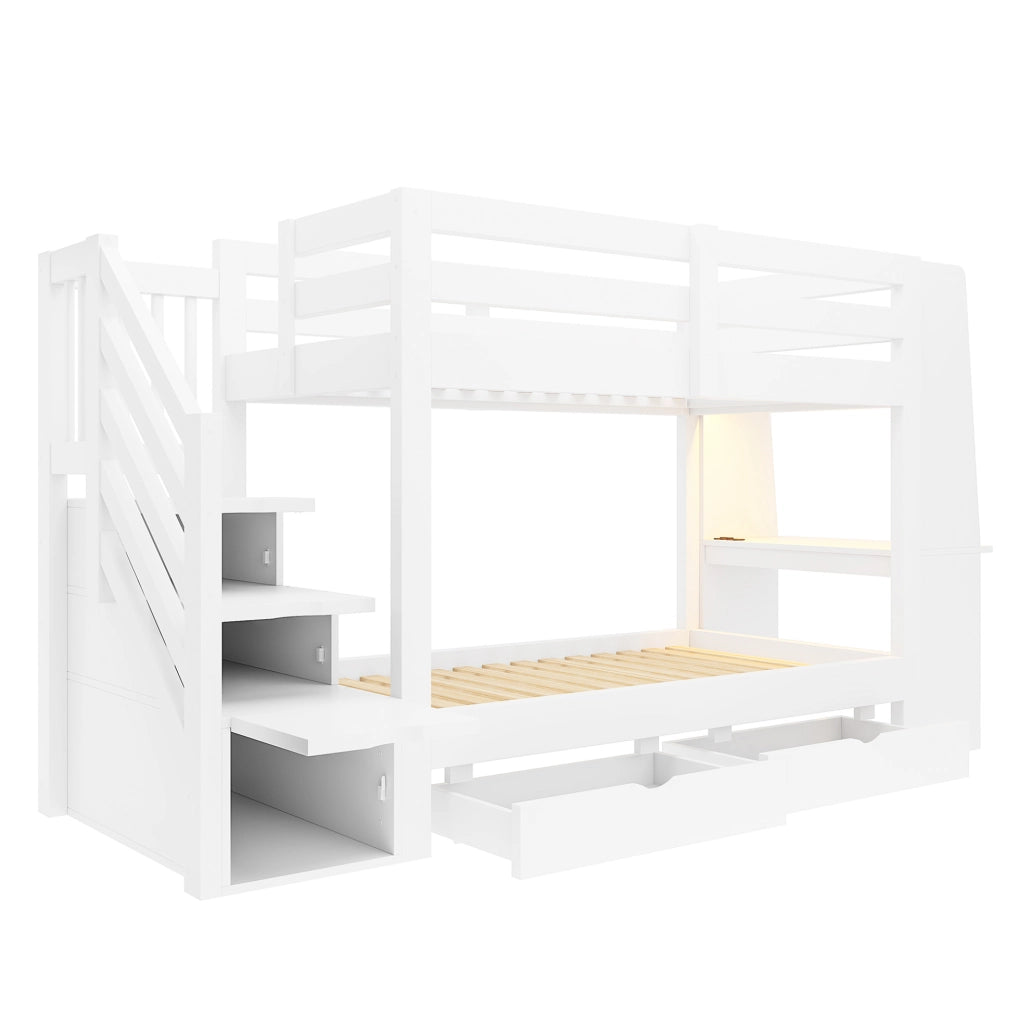 Letto a castello 90x200 cm in legno con scala contenitore; scrivania; LED e 2 cassetti; bianco