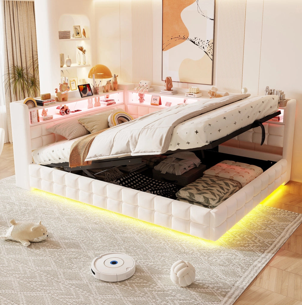 Divano letto imbottito ULEVR 140x200 cm con vano idraulico, LED, presa USB e Type-C, velluto beige