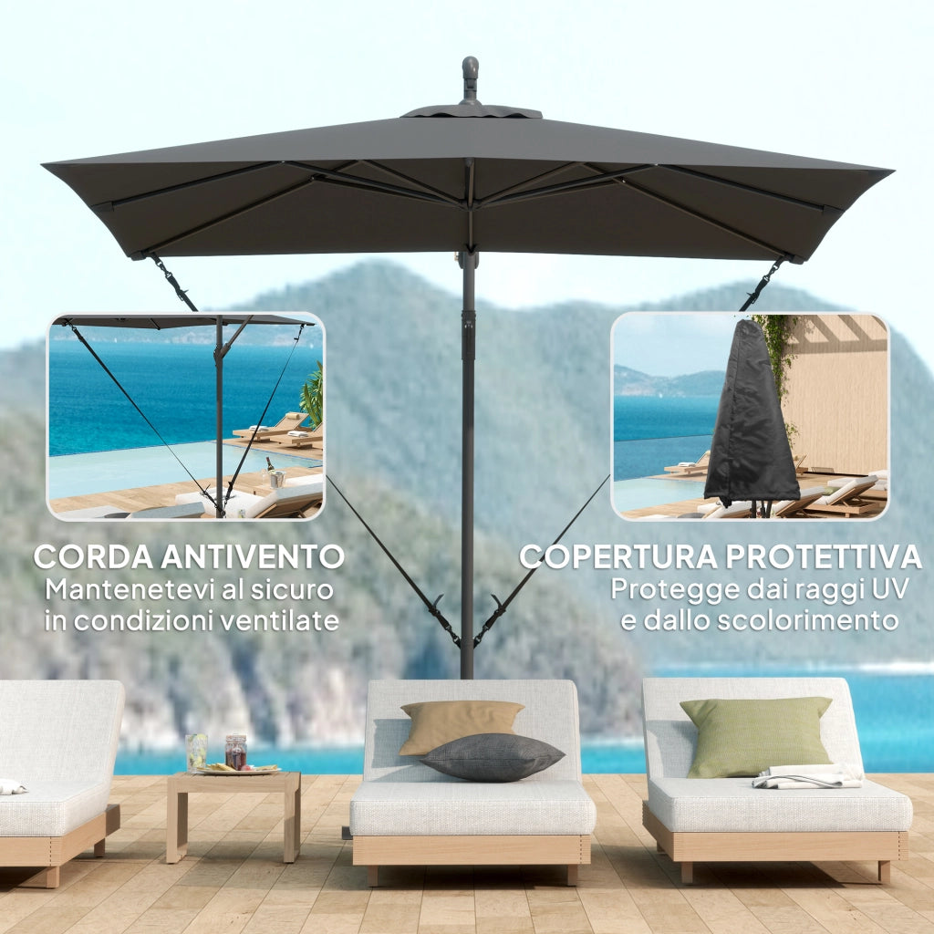 Ombrellone a Sbalzo Regolabile 247x247x256 cm con Base a Croce e Manovella in Acciaio e Poliestere Grigio Scuro