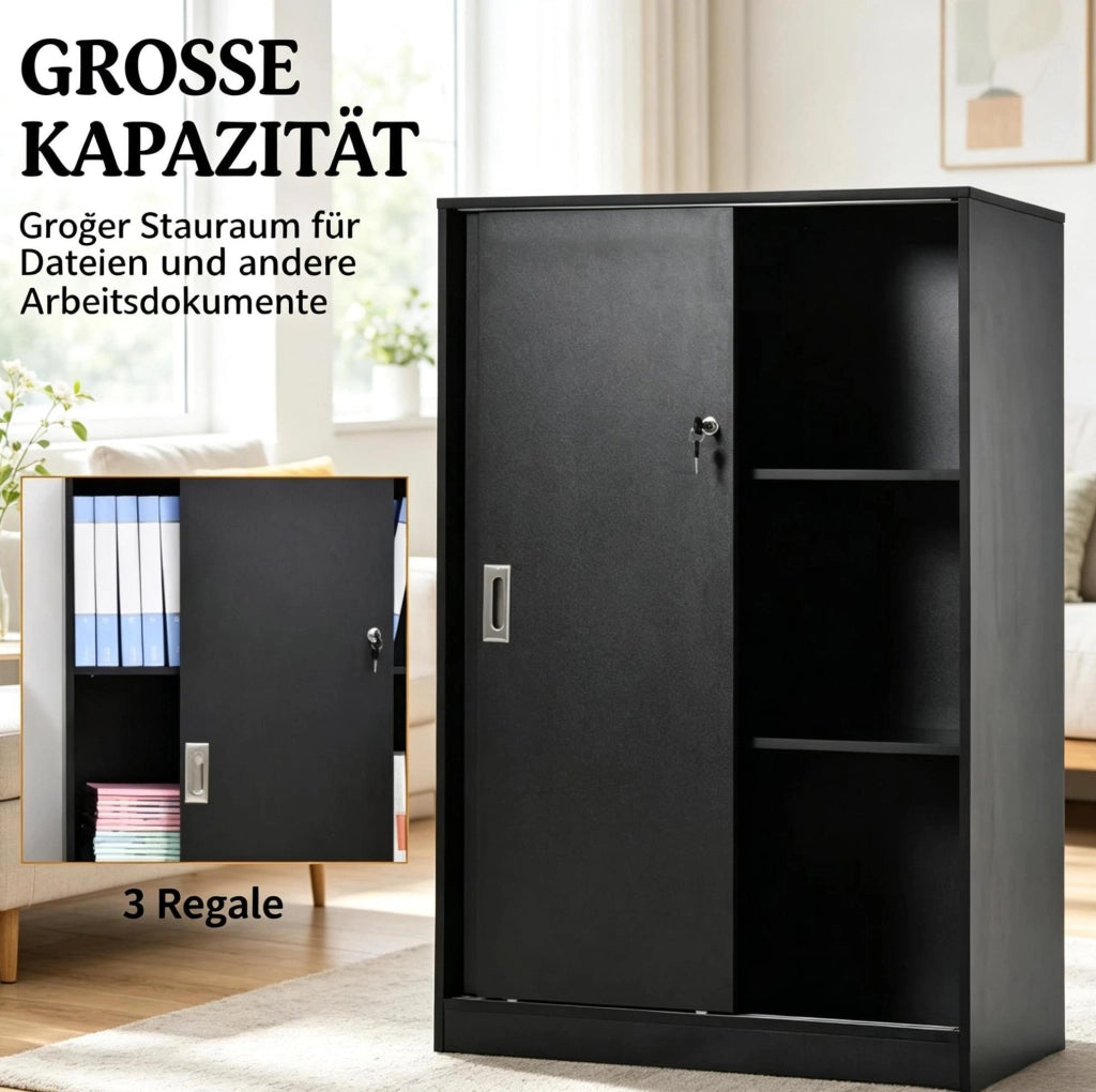Armadio per documenti nero in truciolato e MDF con 2 ripiani e ante scorrevoli con serratura, 80x40x120 cm