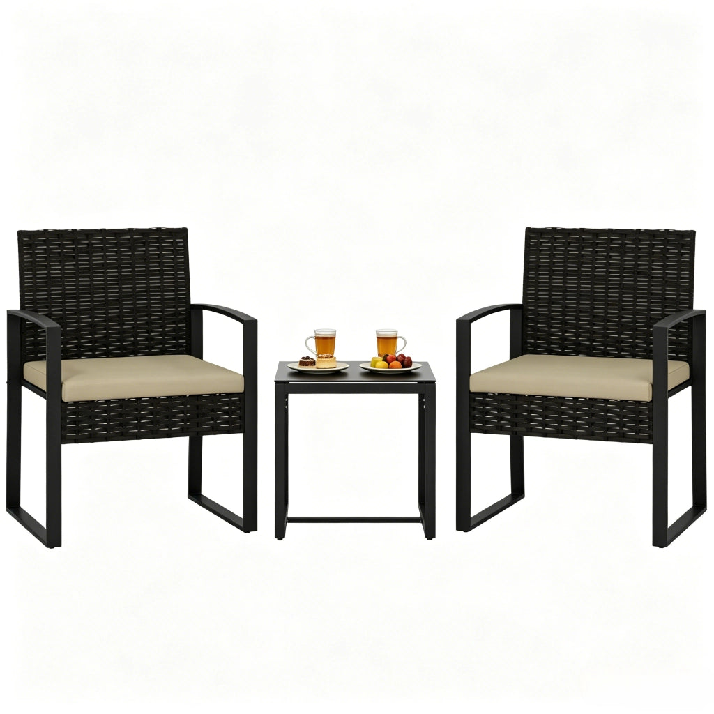 Set da giardino con tavolo e 2 poltrone in rattan PE marrone, kaki e nero