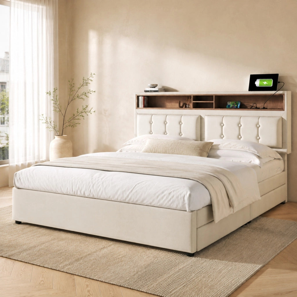 Letto matrimoniale imbottito 140 × 200 cm con 4 cassetti prese USB C testiera regolabile in lino beige