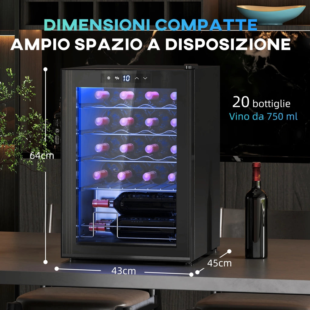 Cantinetta Vino Refrigerata per 20 Bottiglie, Capacit¨¤ 53L, Porta in Vetro Anti-UV e Ripiani Regolabili, Nero