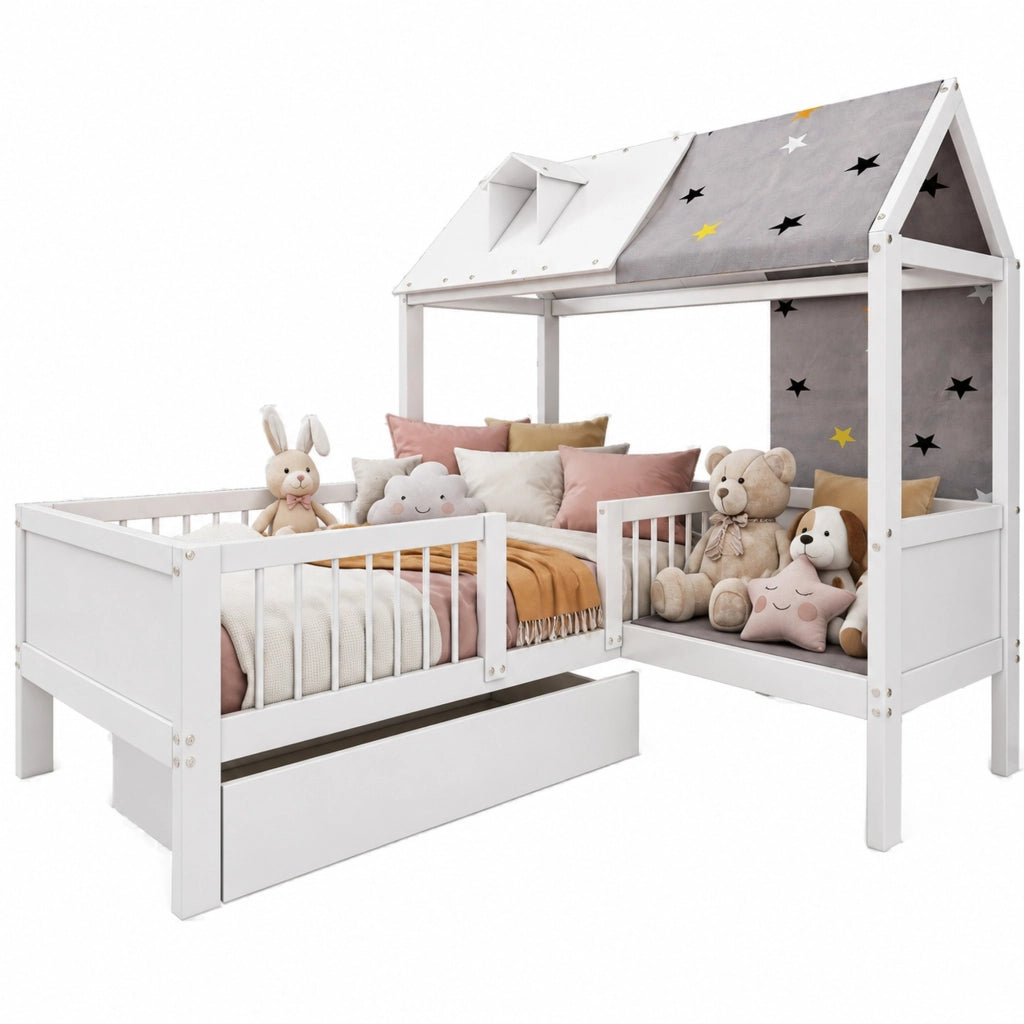 Letto singolo a casetta per bambini 90x200 cm con cassetti; legno massello e MDF bianco