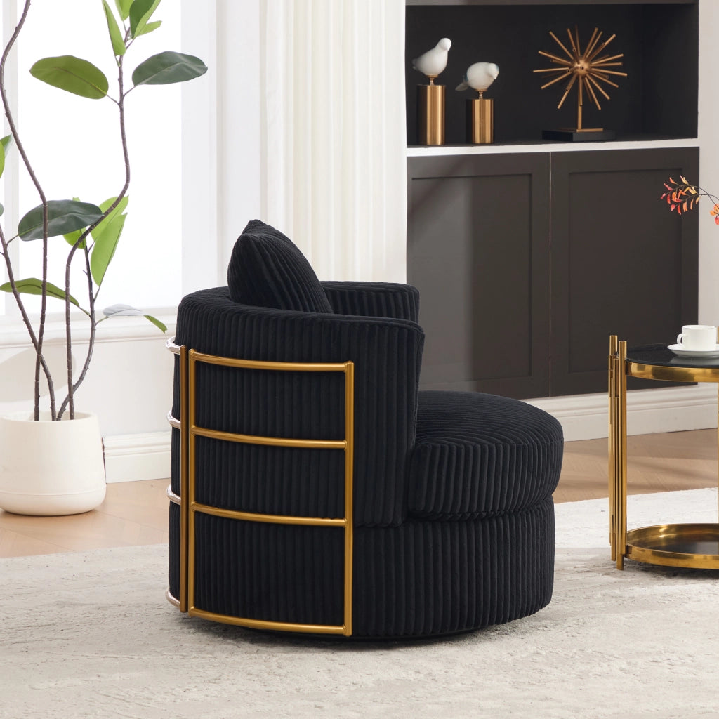 Poltrona girevole a 360 gradi in velluto a coste nera con vano contenitore e seduta imbottita 76 × 79 × 78 cm