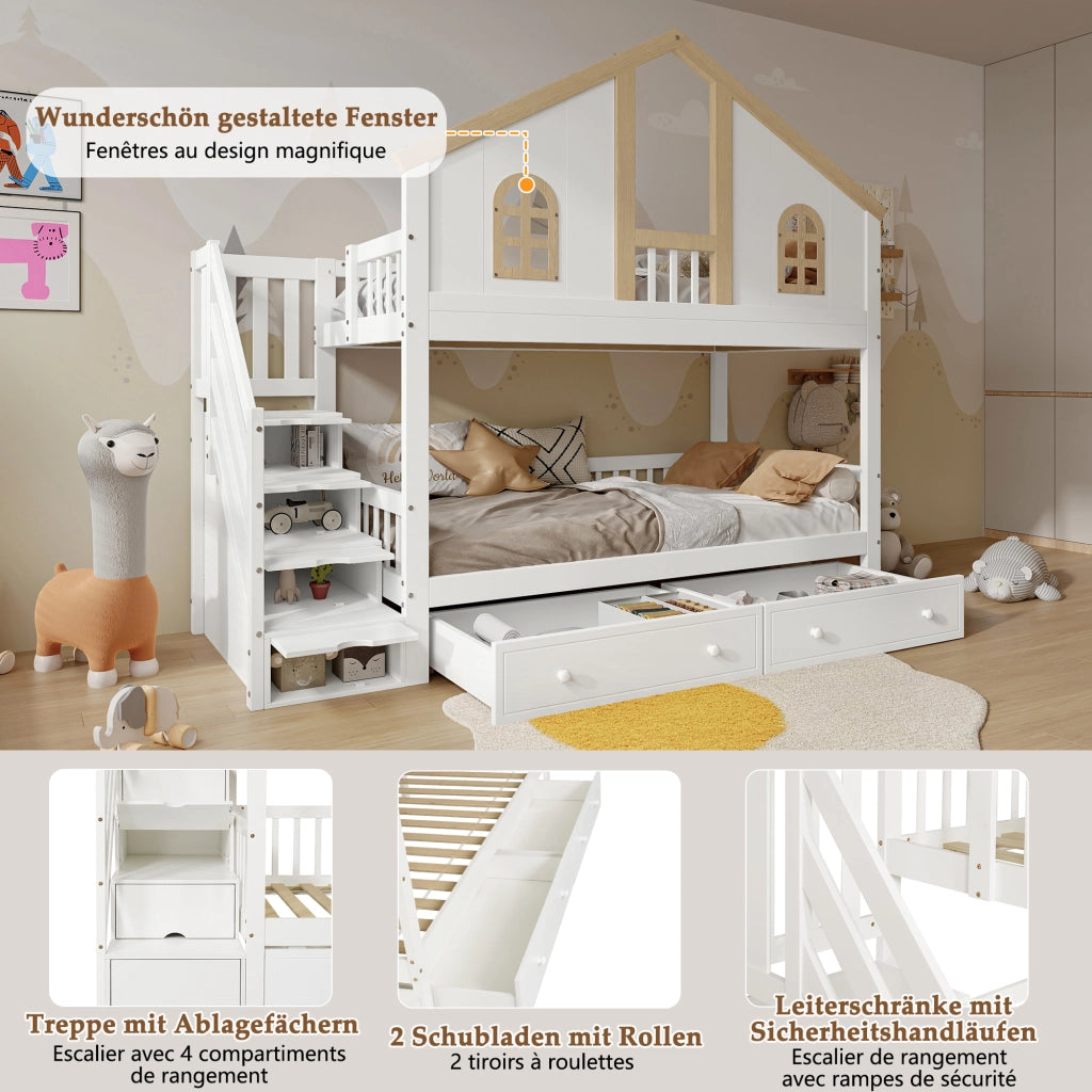 Letto a castello per bambini 90 × 200 cm con scala contenitore in legno bianco e naturale con cassetti e sponde