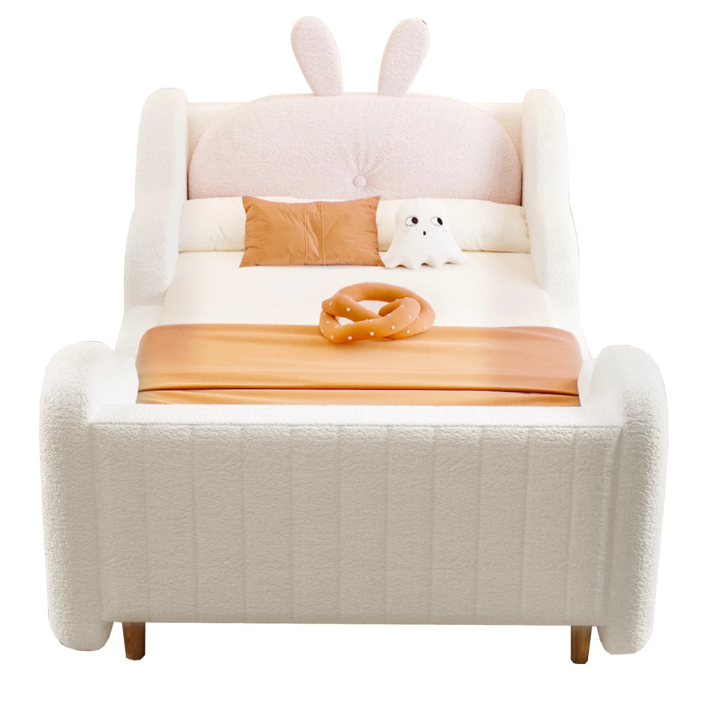 Letto per bambini 90x200 cm con cuscino coniglio in tessuto teddy bianco