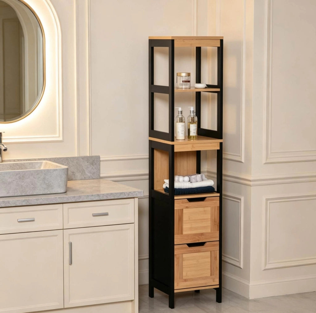 Colonna alta da bagno in bambù naturale e MDF con 3 ripiani e 2 cassetti, salvaspazio