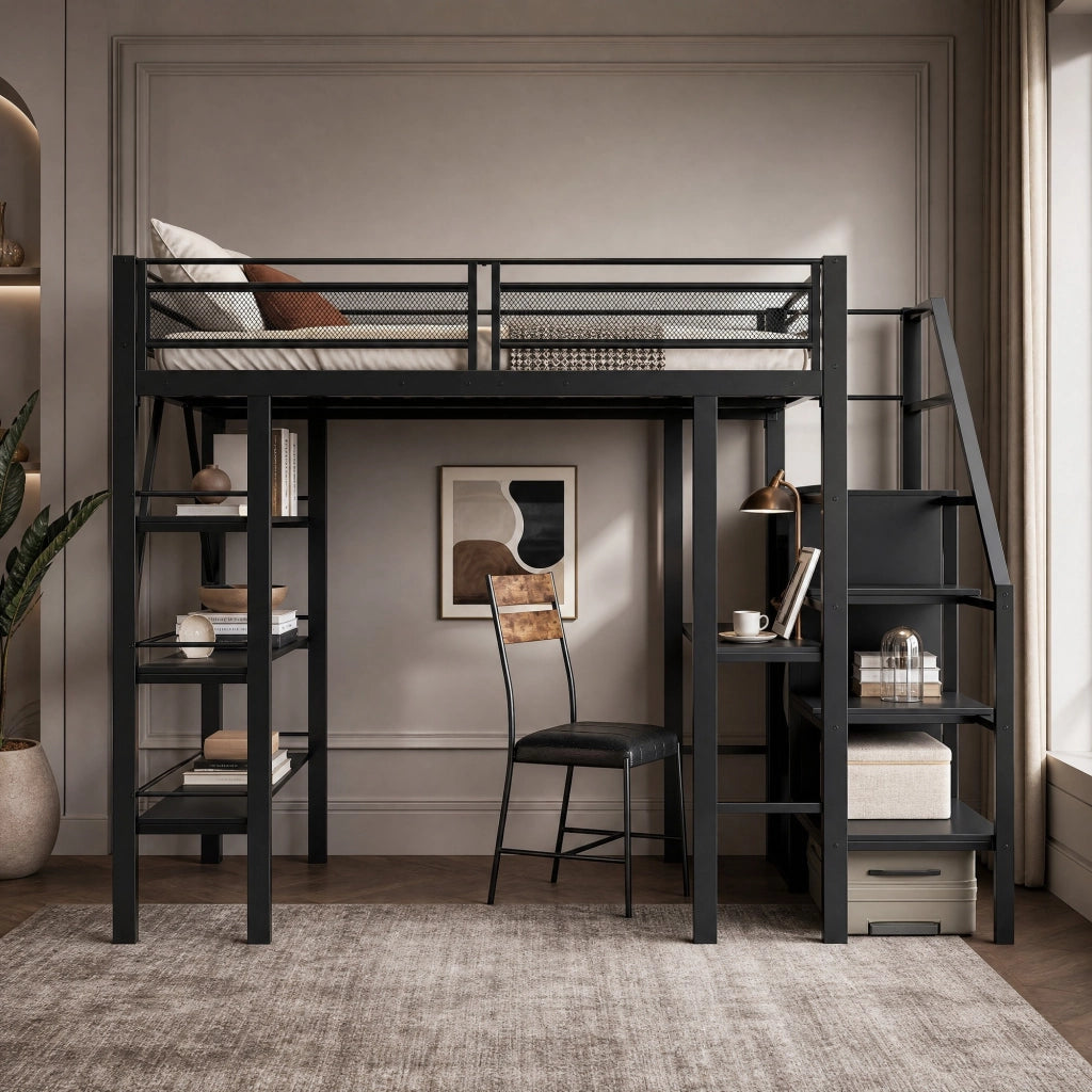 Letto a soppalco 140 × 200 cm con scrivania armadio scaffale a tre livelli scale reversibili in metallo nero