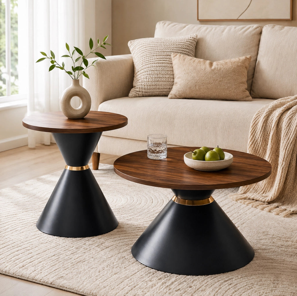 Set di 2 Tavolini Rotondi con Piano in Melamina Effetto Noce e Base in Metallo Nero con Accento Dorato