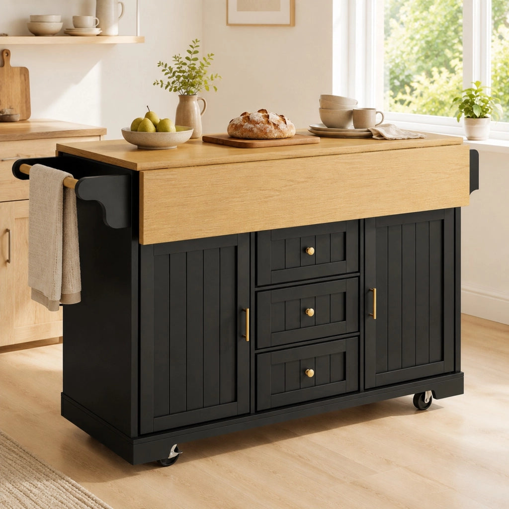 Mobile base da cucina con piano pieghevole su due lati; 3 cassetti; 2 ante; ruote e ripiani regolabili