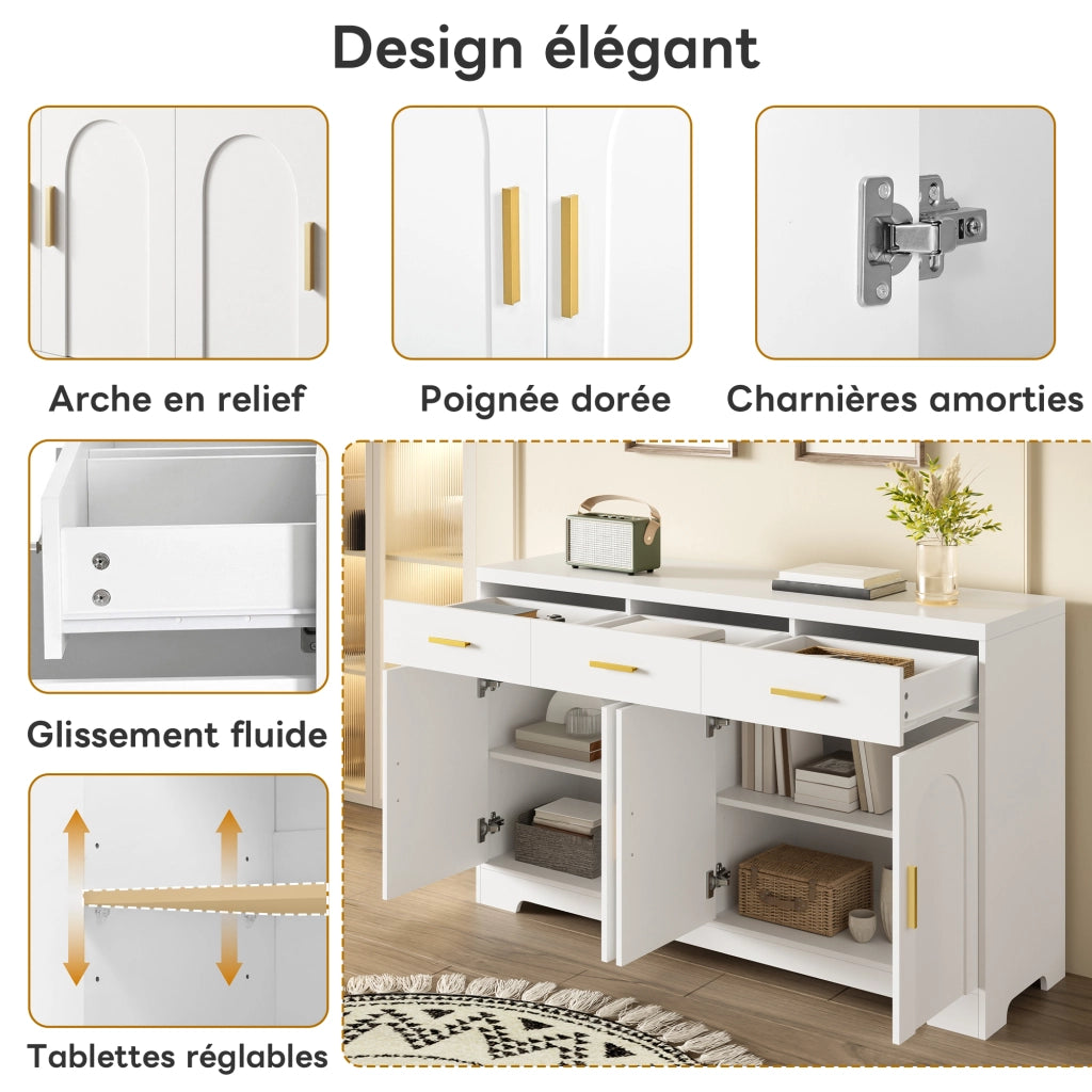 Madia 4 ante con rilievo ad arco; 3 cassetti; ripiani regolabili e maniglie dorate in MDF bianco 140 × 40 × 83 cm