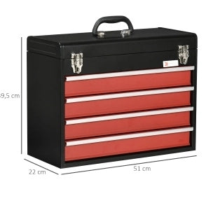 Cassettiera per utensili in acciaio con 4 cassetti e serratura, 51x22x39,5 cm, nero e rosso