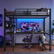 Letto a soppalco 90x200 cm nero con scrivania, LED, USB/Type-C e ripiani
