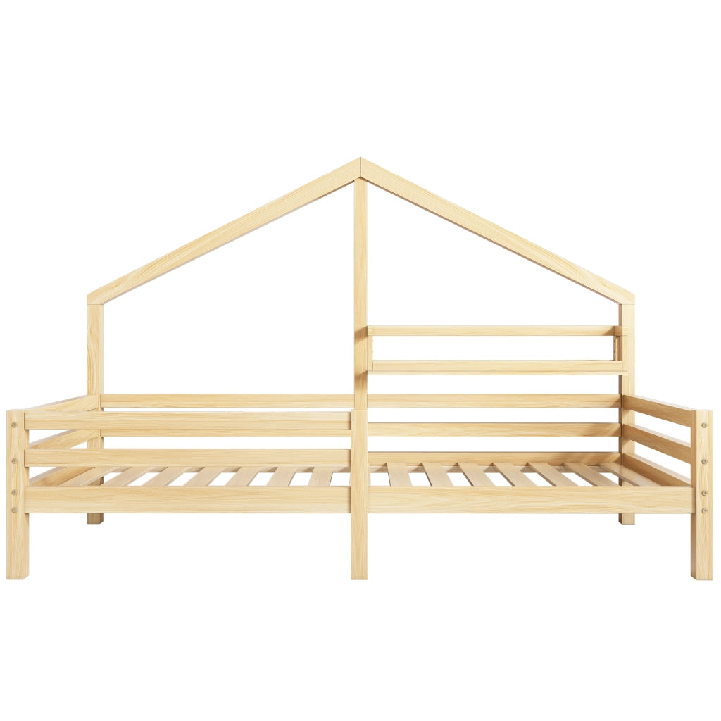 Letto a casetta 90 × 200 cm con libreria posteriore in legno di pino naturale e barriera anticaduta con 15 doghe