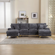 Divano modulare moderno a forma di U in chenille con doppie sedute reclinabili, struttura in legno e piedi in metallo dorato, 272x136x88 cm