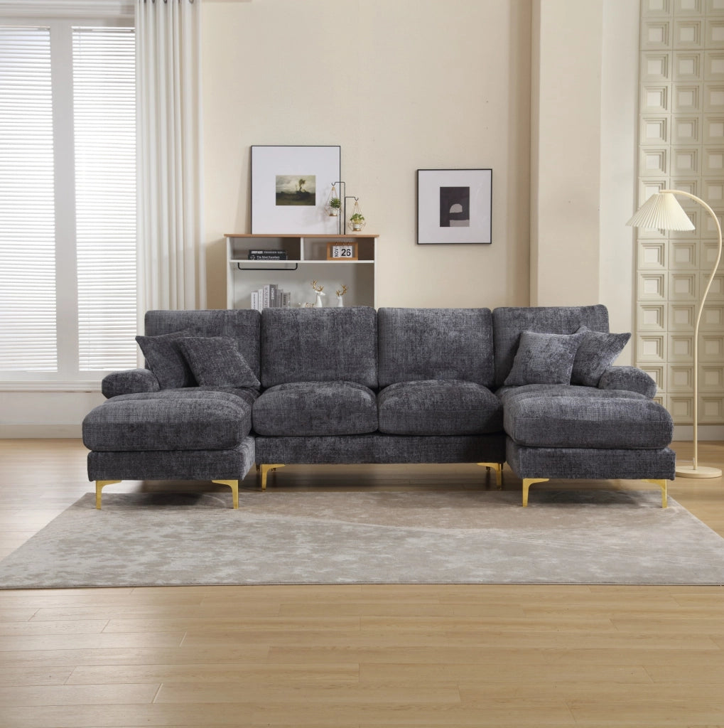 Divano modulare moderno a forma di U in chenille con doppie sedute reclinabili, struttura in legno e piedi in metallo dorato, 272x136x88 cm