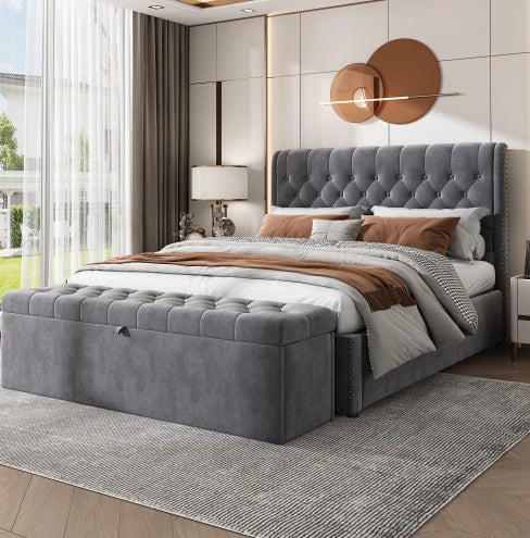 Letto matrimoniale 140x200 cm con contenitore e panca; velluto grigio